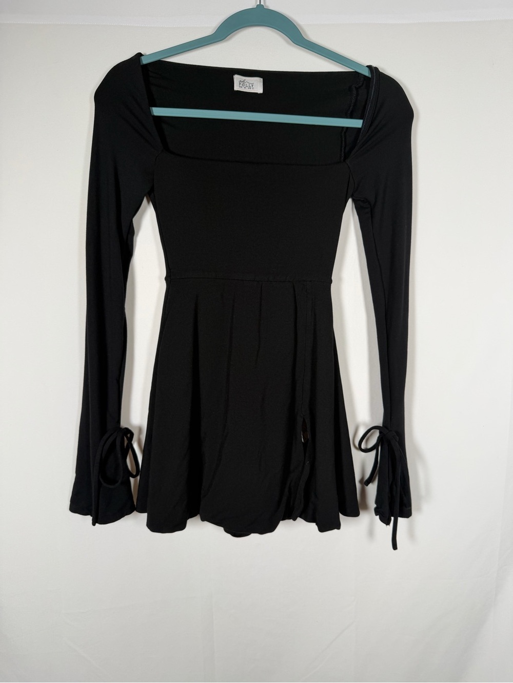 Oh Polly Baize Black Long-Sleeve Square-Neck Skater Dress